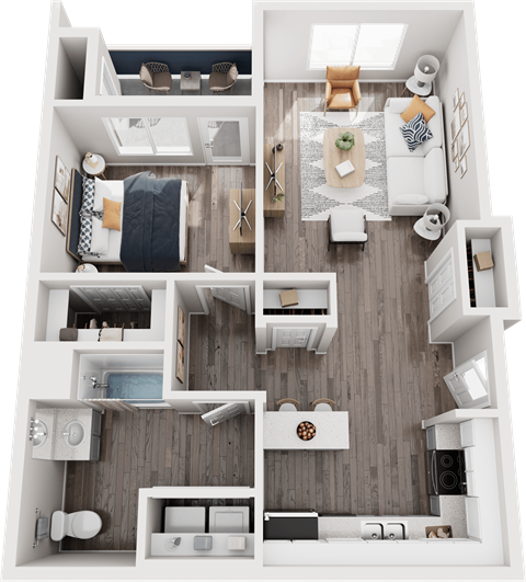 a 3d drawing of a bedroom with a bathroom and a living room